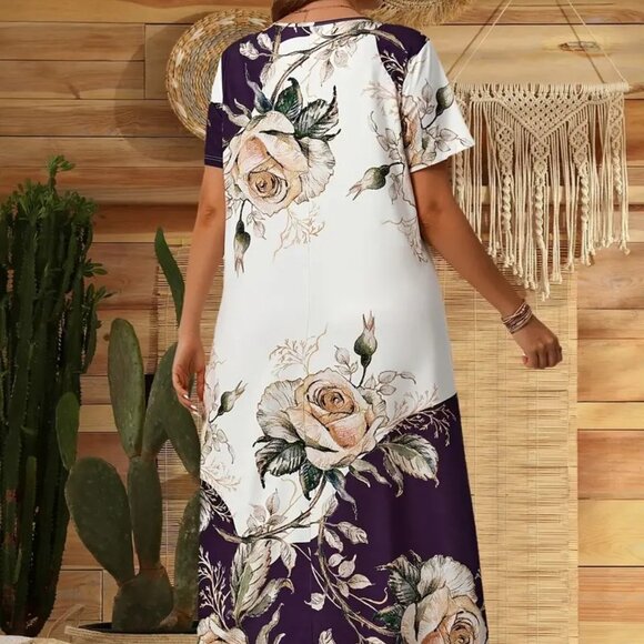 Women's Plus Size Elegant Floral Print Color Block Long Vacation Maxi Dress 18W - Picture 3 of 7